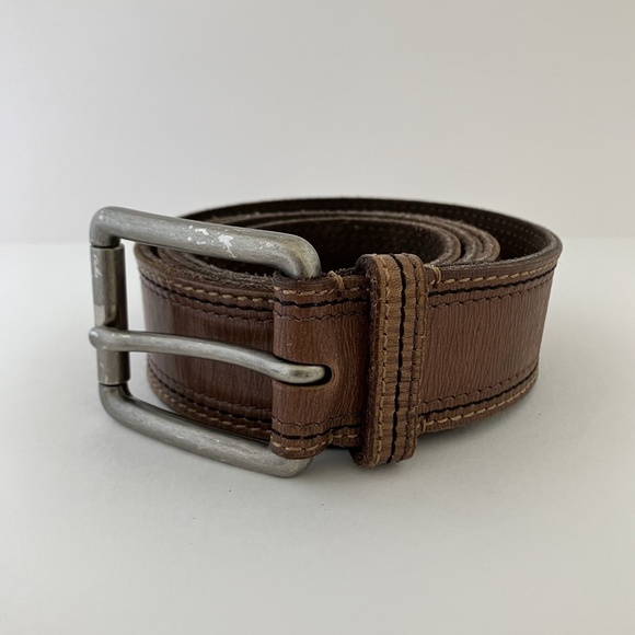 Men's Brown FOSSIL Leather Belt Solid Brass Buckle plated Brushed Silver Size L - Picture 6 of 12